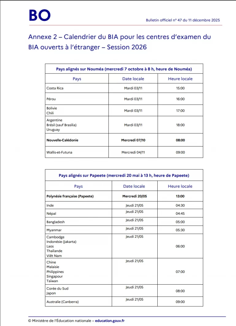 Dates officielles mondiales examen BIA 2026 Amérique Asie pacifique Europe France épreuves écrites brevet initiation aéronautique année 2026