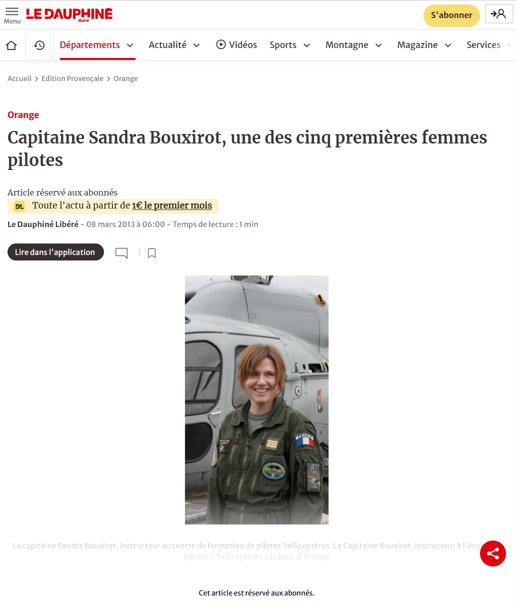 Le Dauphiné libéré 2013 — Capitaine Sandra Bouxirot, une des cinq premières femmes pilotes
