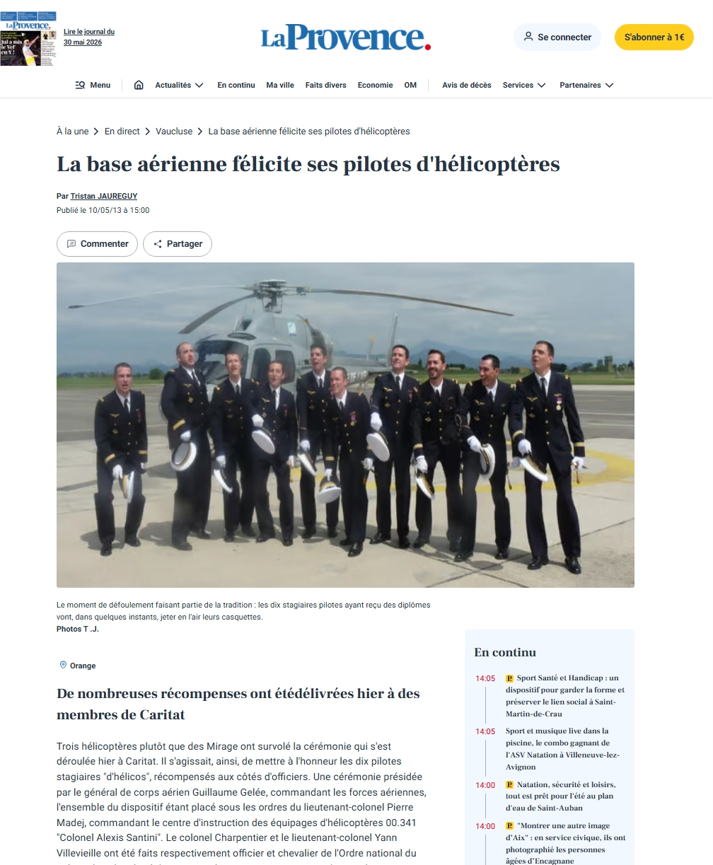 La Provence 2013 — La base aérienne félicite ses pilotes d'hélicoptères