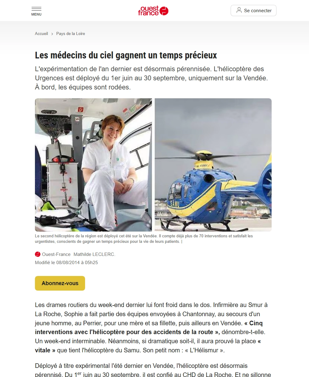 Ouest-France 2014 — Les médecins du ciel gagnent un temps précieux, Sandra Bouxirot pilote SAMU