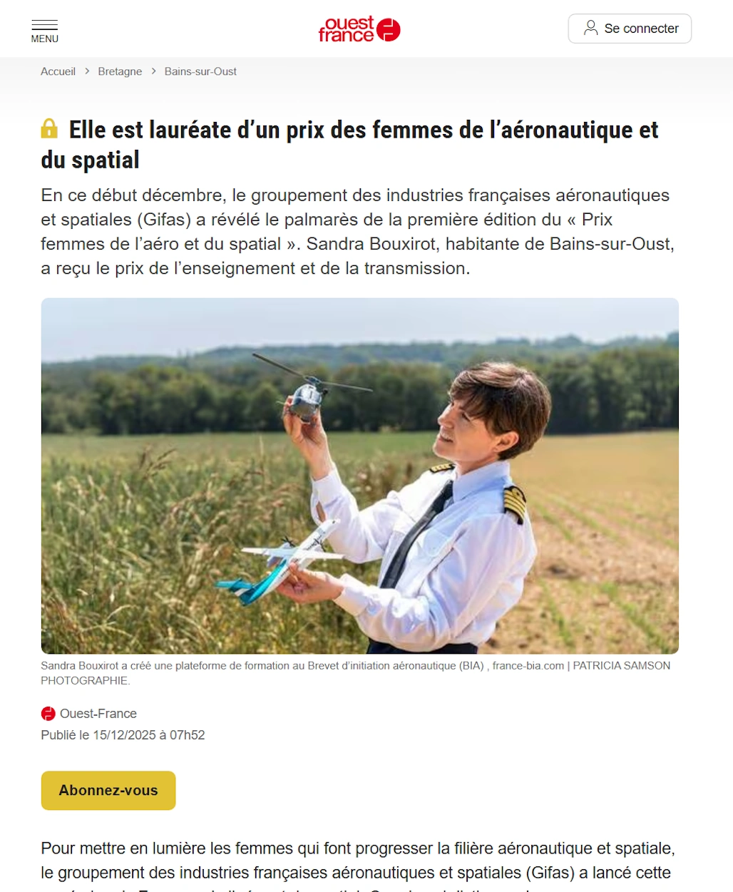 Ouest-France 2025 — Sandra Bouxirot lauréate prix Femmes de l'aéro et du spatial